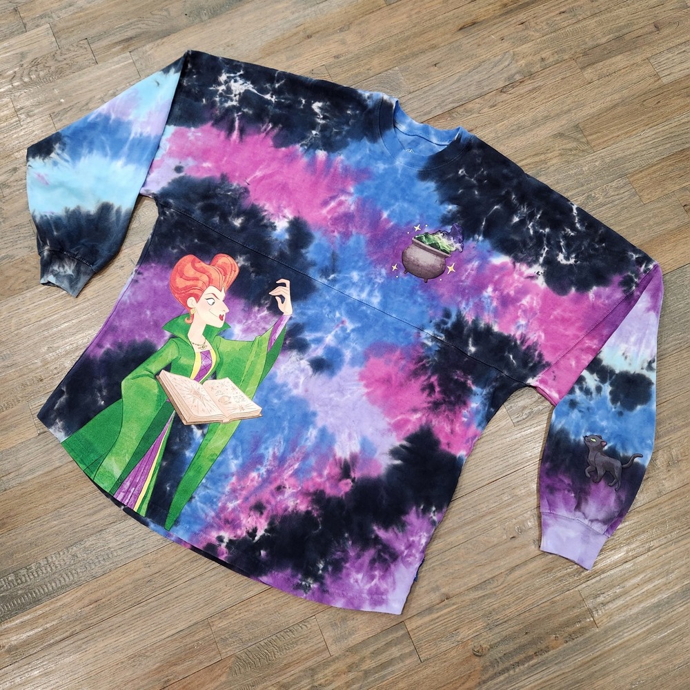 Tie-Dye Long Sleeve Tee with Witch Graphic - Purple/Blue/Black